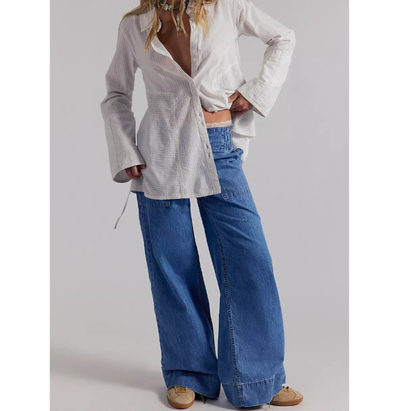 Free People Denim - Free People We The Free Breezy Denim Pull On Wide Leg Jeans Size Large